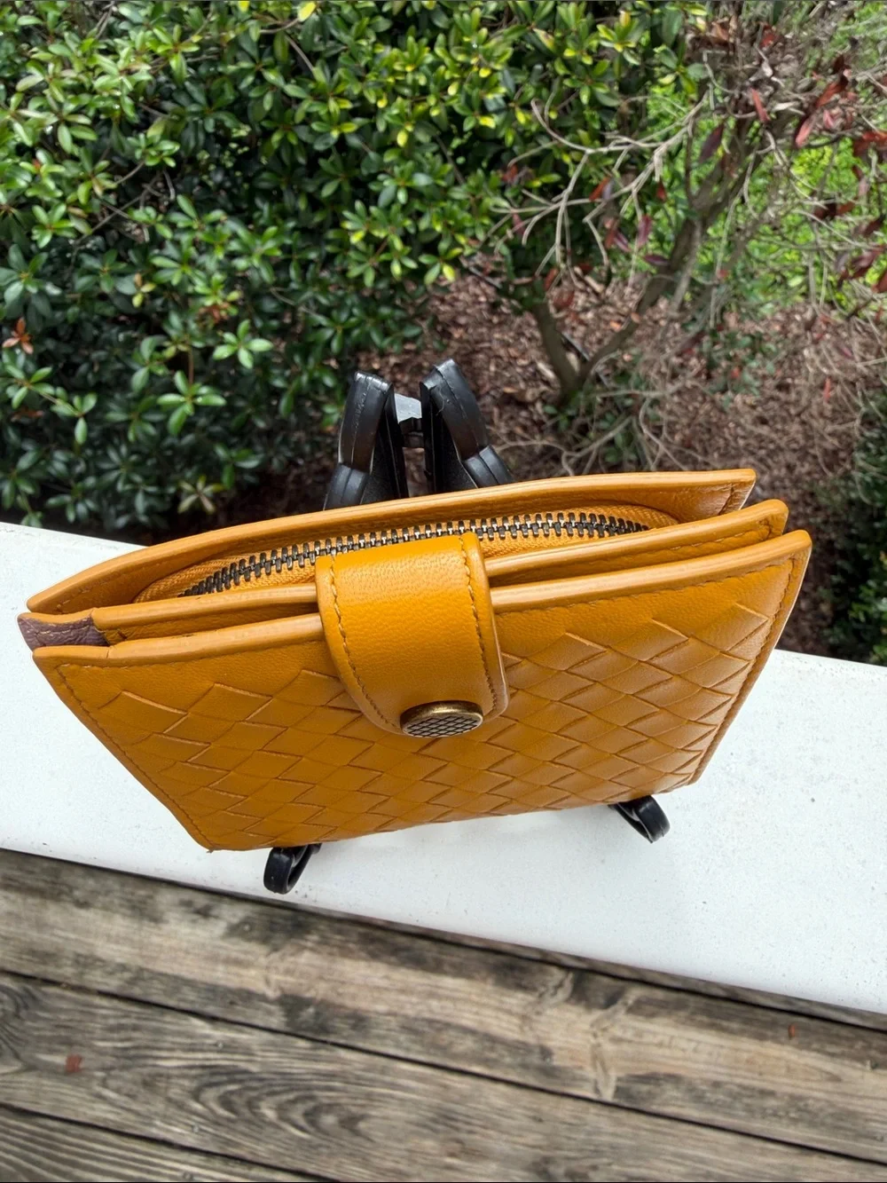 Bottega Veneta Woven Leather Snap Wallet in Mustard GUC